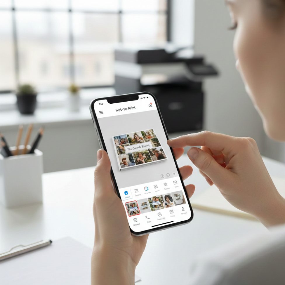 mobile-first web-to-print platform showing customers designing print products on a smartphone
