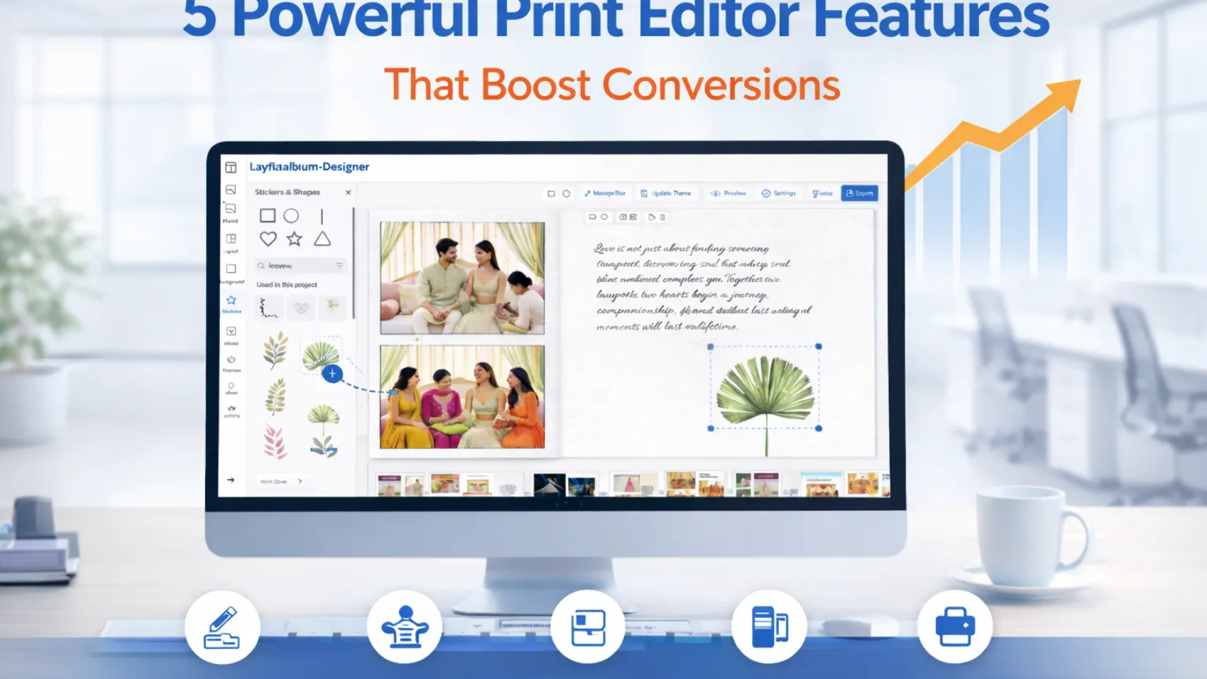 Print editor features showing drag and drop design tools and live preview in a web to print editor