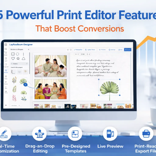 Print editor features showing drag and drop design tools and live preview in a web to print editor