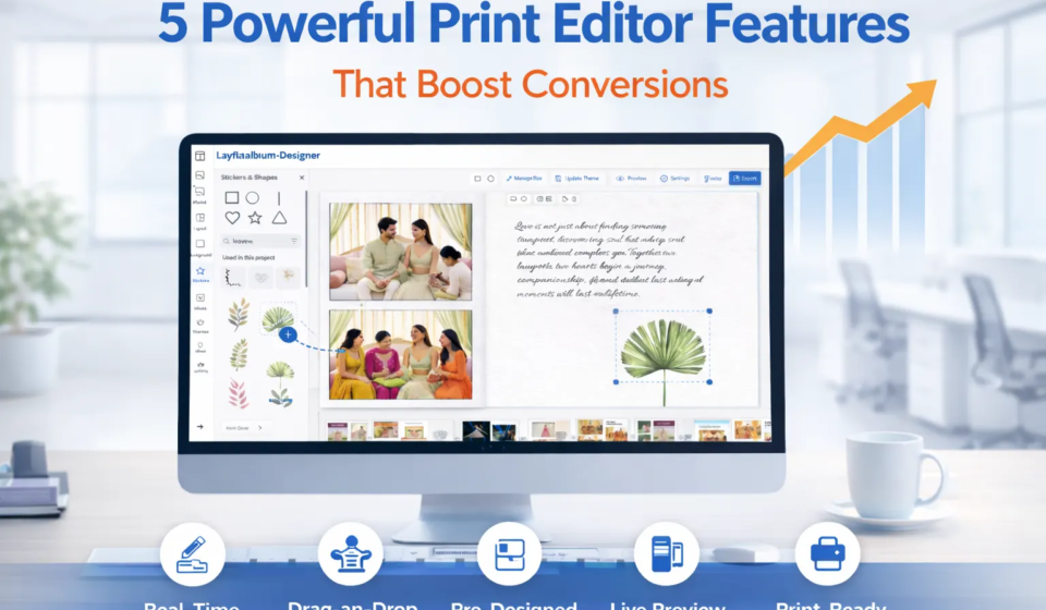 Print editor features showing drag and drop design tools and live preview in a web to print editor