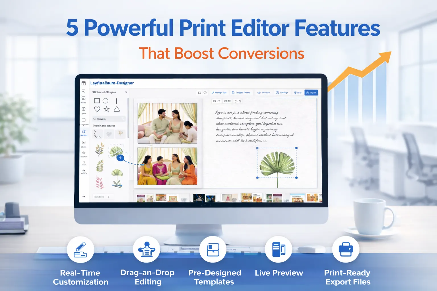 Print editor features showing drag and drop design tools and live preview in a web to print editor