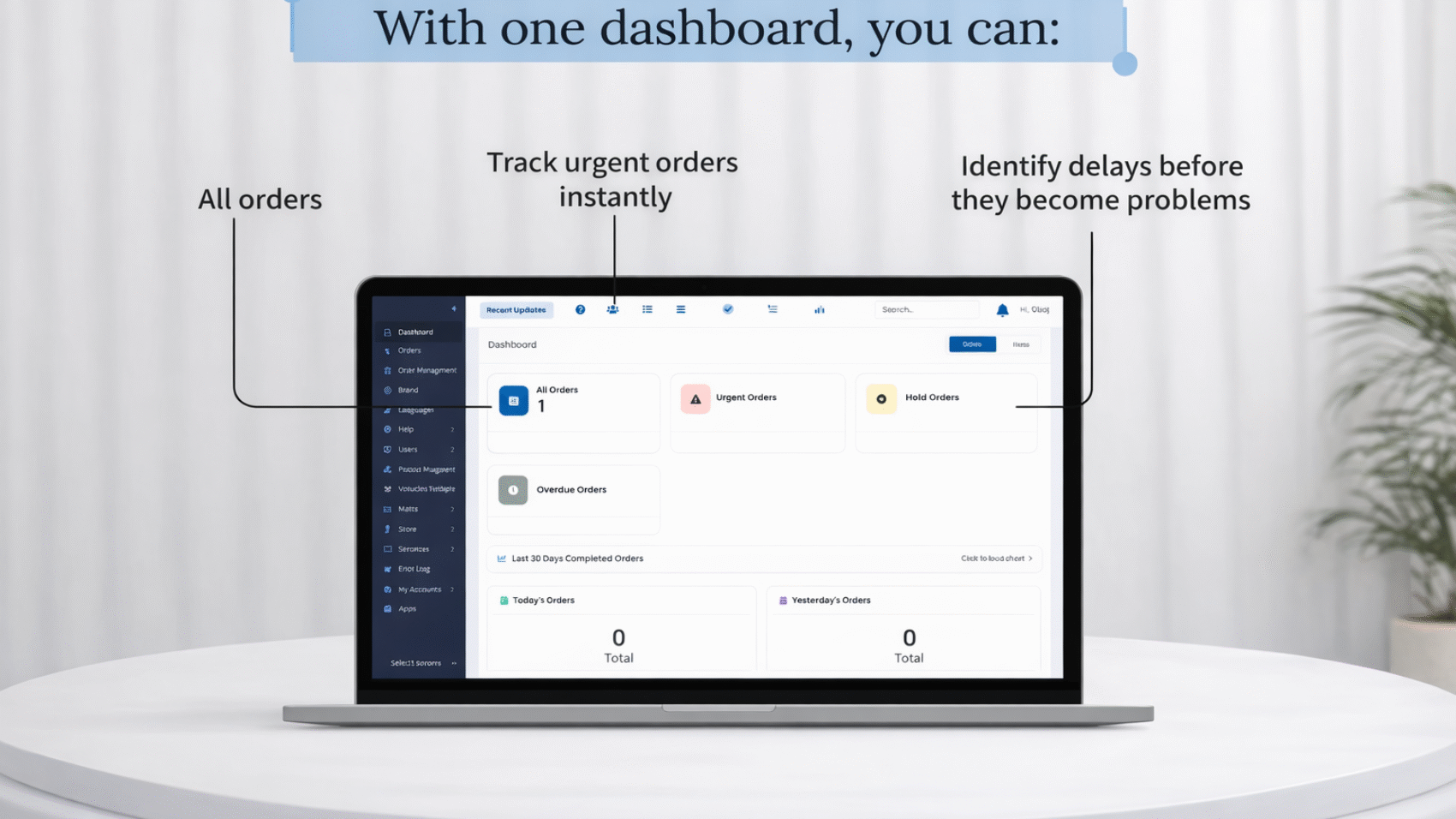 Print order management dashboard on laptop showing real-time order tracking, urgent orders, and production workflow status