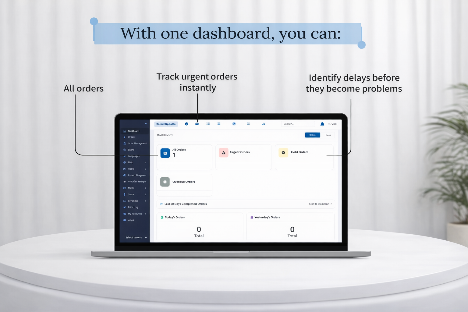 Print order management dashboard on laptop showing real-time order tracking, urgent orders, and production workflow status